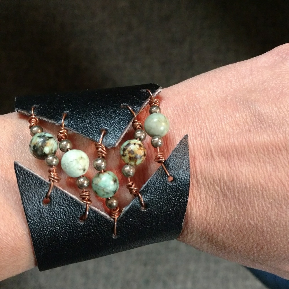 Boho leather handmade bead cuff snap